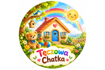 Grafika przedstawiająca chatkę i zabawki na pierwszym planie na tle górskiego krajobrazu